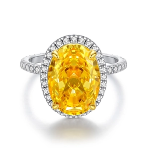Bague luxueuse en argent S925 avec une pierre jaune ovale de 10ct et halo de diamants