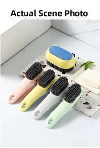 Detailed view of multi-color long handle shoe cleaning brushes with dense soft bristles