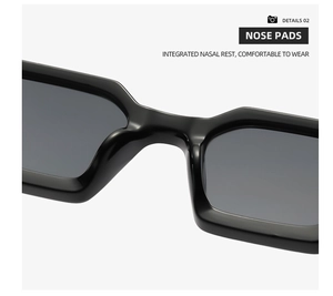 Detail view of integrated nose pads on black square sunglasses for comfortable wear