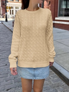 Women's beige cable-knit long sleeve sweater for casual vacation and autumn winter style