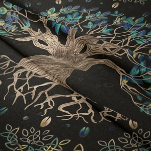 Close-up of tree of life tapestry showing intricate Celtic knot border and woven texture