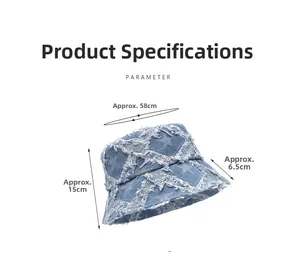 Detailed size parameters of light blue star frayed denim bucket hat with measurements