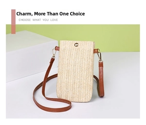 Vertical woven straw mobile phone bag featuring brown leather strap and gold metal clasp