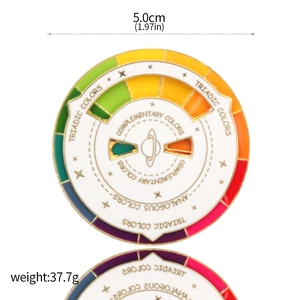 Detail showing a 5cm rotating rainbow color wheel enamel badge with social battery design