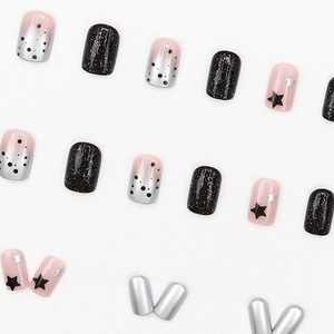 Star pattern black shimmer and pink gradient short press-on nails set with 24 pieces
