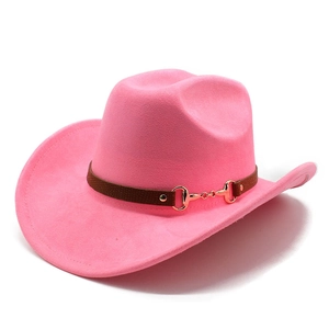 Detailed view of pink suede cowboy hat featuring a leather band and golden horsebit buckle