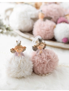 Detailed macro view of plush angel ornaments with gold crowns and fluffy white faux fur