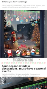Détail de stickers de Noël pour fenêtres avec Père Noël, rennes et flocons de neige