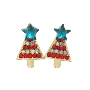 Detailed view of Christmas tree earrings with colorful rhinestones and blue star jewel