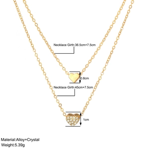Detailed dimensions of double-layer gold heart necklace with pink crystal pendant
