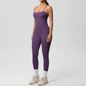 Detail view of purple high-waist yoga set featuring a camisole top and ergonomic leggings