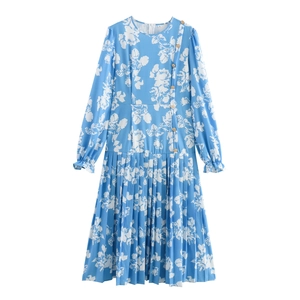 Elegantes Midi-Kleid Mit Blumendruck Langarm Polyester Hohe Taille Plissee-Saum Asymmetrischer Knopf Rundhalsausschnitt