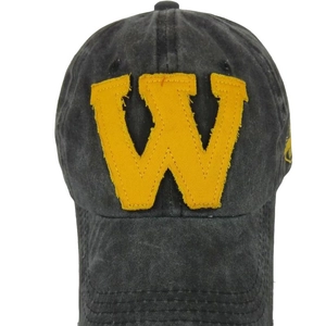 Vintage washed dark grey baseball cap featuring a yellow letter W patch embroidery