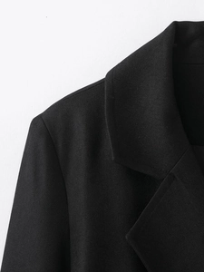 Detailed close-up of the shoulder and lapel texture on a black blended coat
