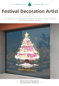 Detail of pink Christmas tree window decal with Merry Christmas text on glass