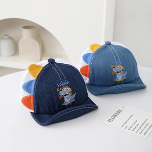 Toddler summer mesh baseball cap with 3D dinosaur fin detail in denim blue fabric