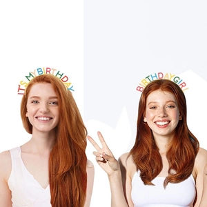 Detail of colorful 'IT'S MY BIRTHDAY' and 'BIRTHDAY GIRL' rainbow letter headbands