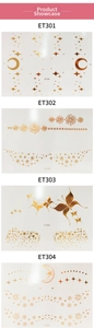 Detailed view of four metallic gold sun and moon face tattoo stickers with shining finish