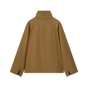 Brown minimalist stand collar jacket for women with reversible design shown from the back