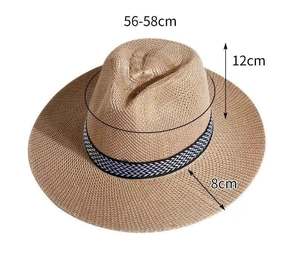Detail shot showing 56-58cm head circumference, 12cm crown, and 8cm brim of this straw hat