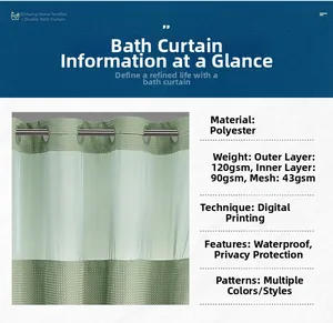 Detail view of double-layer digital print shower curtain with metal rings and waterproof fabric