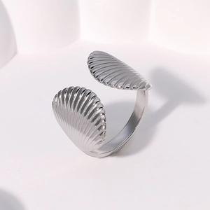 Minimalist silver shell open ring made of polished stainless steel for women