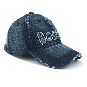Vintage dunkelblaue gewaschene Denim Baseballkappe mit Boston-Patch und Destroyed-Effekten