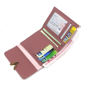 Short tri-fold dusty pink leather wallet for women with multi-card slots and V-shaped buckle