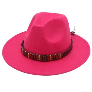 Fuchsia wool fedora hat with brown leather band and metallic shell ethnic accessories