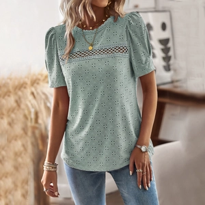Women Short Sleeve T-Shirt Hollow Out Eyelet Embroidery Lace Patchwork Casual Summer Round Neck Puff Sleeve Top