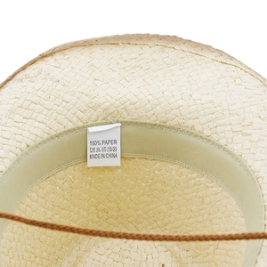 Macro shot of 100% paper straw hat interior with sweatband and adjustable brown chin strap