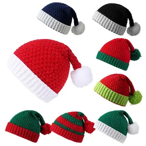 Christmas Hat Santa Knitted Beanie Acrylic Thick Warm Winter Pom Pom Holiday Party Headwear For Adult Kids Parent-Child