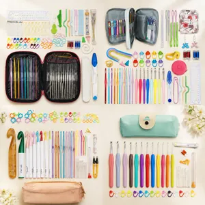 Complete dreadlock crochet hook set with metal needles and bamboo handles in a storage bag