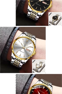 Three men's watches with gold-tone bezels and black, silver, and red dials on wrists