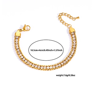 Detail view of gold tennis bracelet with white zircons showing 16.5cm length and weight