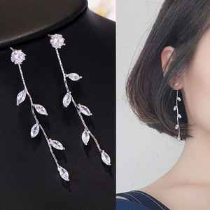 Zircon Leaf Vine Long Tassel Drop Earrings With 925 Sterling Silver Earring Post Elegant Dangle Jewelry For Women