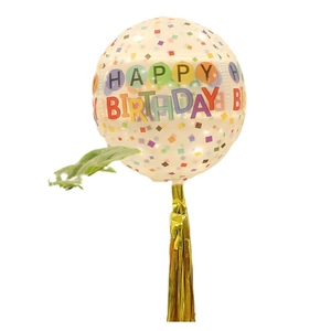 22-inch transparent 4D balloon with colorful Happy Birthday print and gold tassel decoration