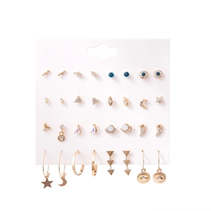 Detail of 16 pairs of gold-plated alloy earrings with blue and white rhinestones on card