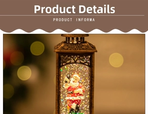 Detail showing vintage bronze lantern with Santa Claus and sparkling glitter inside