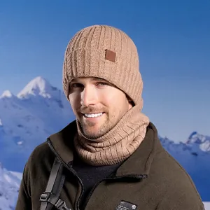Three-piece winter knitted hat, scarf and gloves set with warm fleece lining in camel