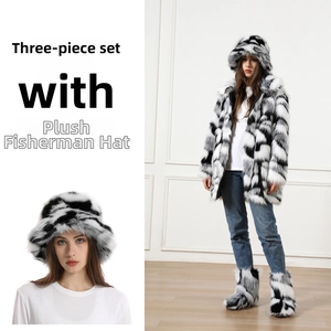 Detailed view of winter plush camouflage bucket hat and matching faux fur outfit set