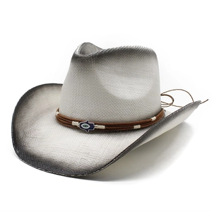Western wide brim straw cowboy hat in grey gradient with blue evil eye beaded charm