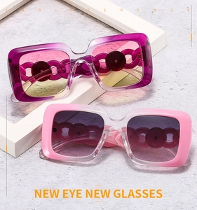 Detail of trendy oversized square sunglasses featuring unique chunky chain-link temples