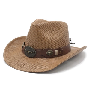 Western Cowboy Hut Atmungsaktives Papierstroh Breite Geschwungene Krempe Kunstlederband Metall Stierkopf Schnalle Herren Damen