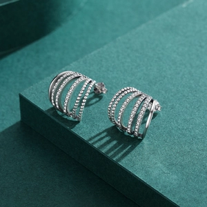 Retro multi-layer C-shape silver earrings with zircon pavé and beaded texture design