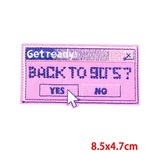 Macro view of retro 90s style embroidery patch showing size 8.5x4.7cm on white background