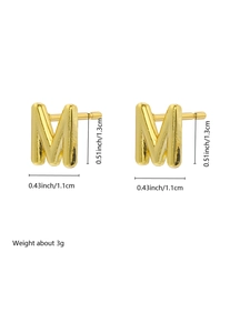 Detailed size specifications for gold letter M stud earrings in titanium steel with measurements