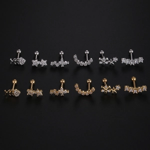 Detailed set of 12 stainless steel helix earrings with zircon butterfly and flower studs