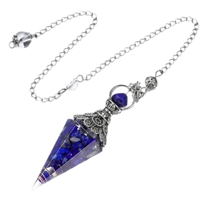 Lapis lazuli crystal resin cone pendant on a vintage silver chain over white background