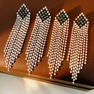 Vintage Zircon Rhinestone Long Tassel Earrings With Silver Earring Post Rhombus Alloy Dangle Luxury Jewelry For Women